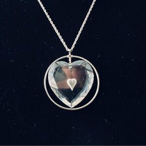 Vtg 1977 Hallmark Lead Crystal Floating Heart Necklace Silver 20” Chain Gift Bag